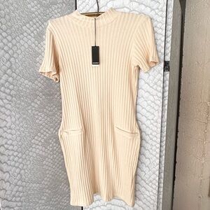 Revolve Monrow chunky ribbed mock neck mock pocket cream dress, size L